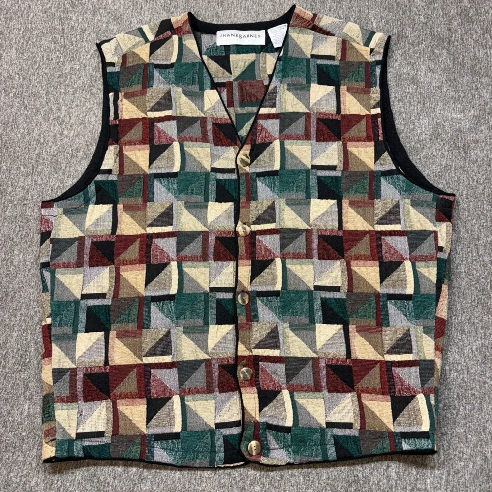 Vtg Jhane Barnes Mens Geometric Tapestry Sweater Vest Wool Blend Large